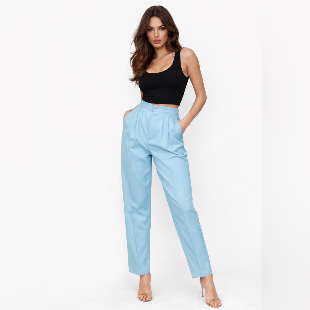 Vintage 80s 90s Pants USA Pleat Front Side Closure Straight Leg Blue Size Medium